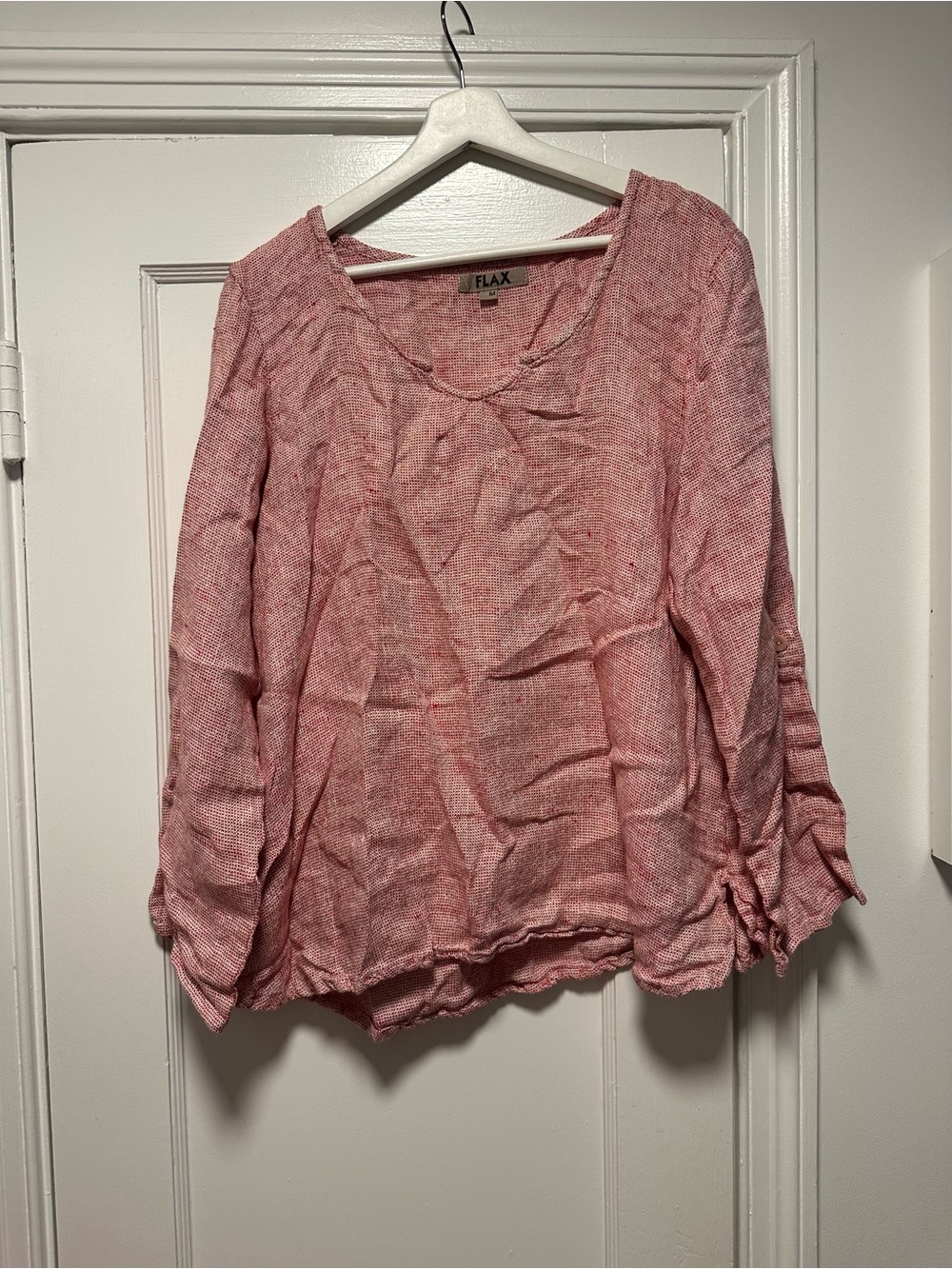 FLAX Red and Cream 100% Linen Longsleeve Top